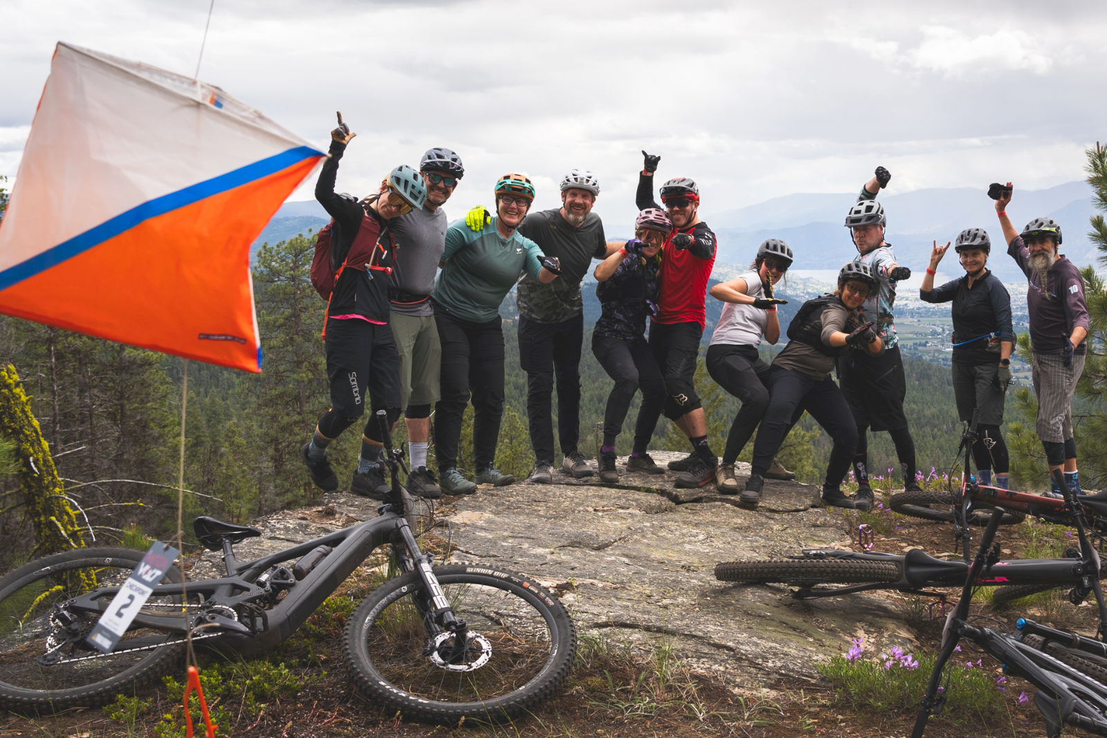 group of mountain bikers at a lookout